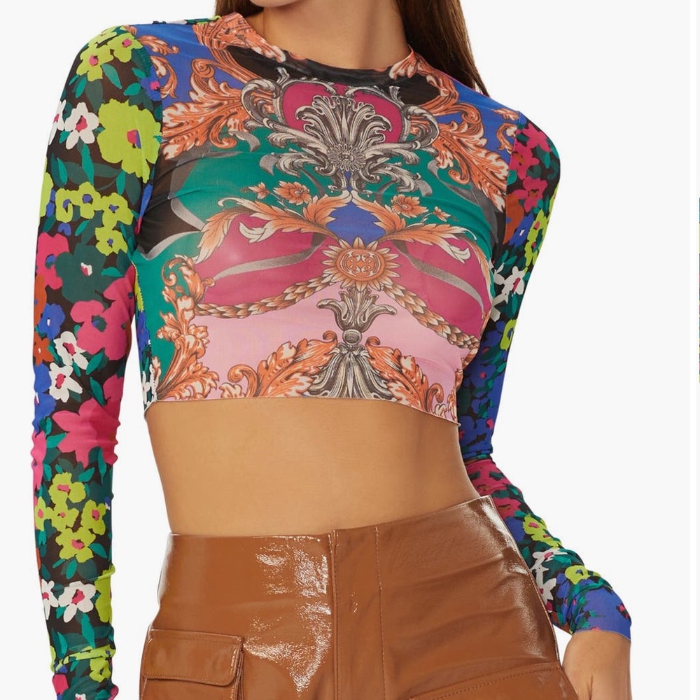 AFRM Hardin Multicolor Mesh Crop Top - Sz XL - Baroque Print